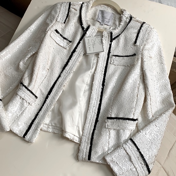 Stevie Mac 🖤🤍NYC Hand Made Couture Like White Sequin Blazer Black Fringe Trim - Picture 5 of 15